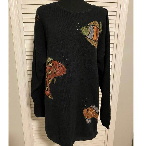 Black Light Slub Relaxed 100% Cotton Painted Fish Drop Shoulder One size Sweater - Picture 1 of 9